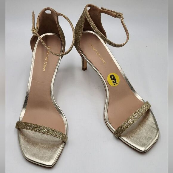 NWOB Stuart Weitzman Nudistcurve Womens gold glitter ankle strap sandals 9M
